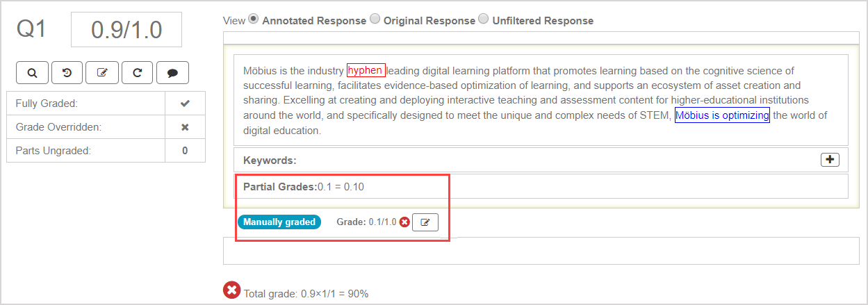 The partial grades from annotations and the recalculated grade are highlighted.